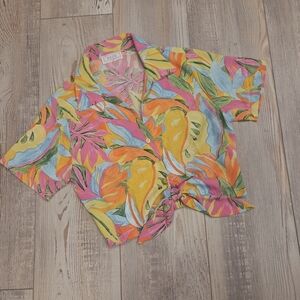 Sadie & Sage Girl From Rio Colorful Tropical Cropped Tie Top With Cinched Back